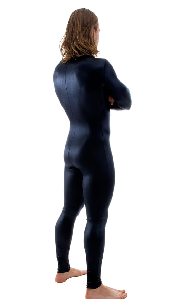 Full Bodysuit Zentai Lycra Spandex Suit for men in Wet Look Black, Rear View