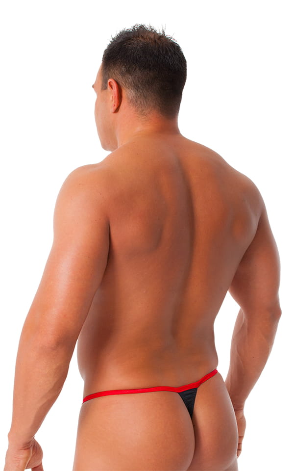 Banded Thong Bathing Suit in Wet Look Black - Wet Look Red Banding, Rear View