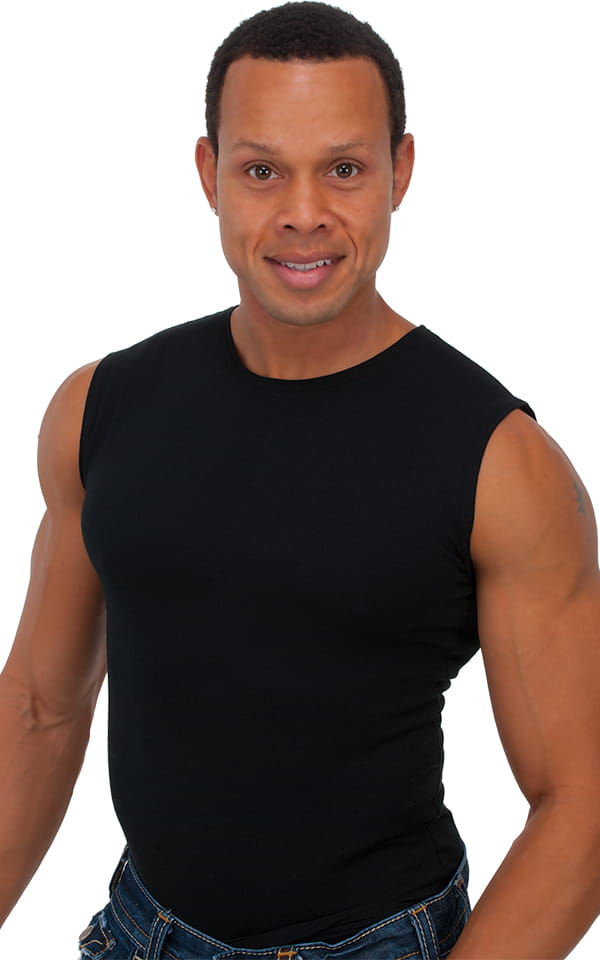 Sleeveless Lycra Muscle Tee in Black Cotton-Lycra, Front View