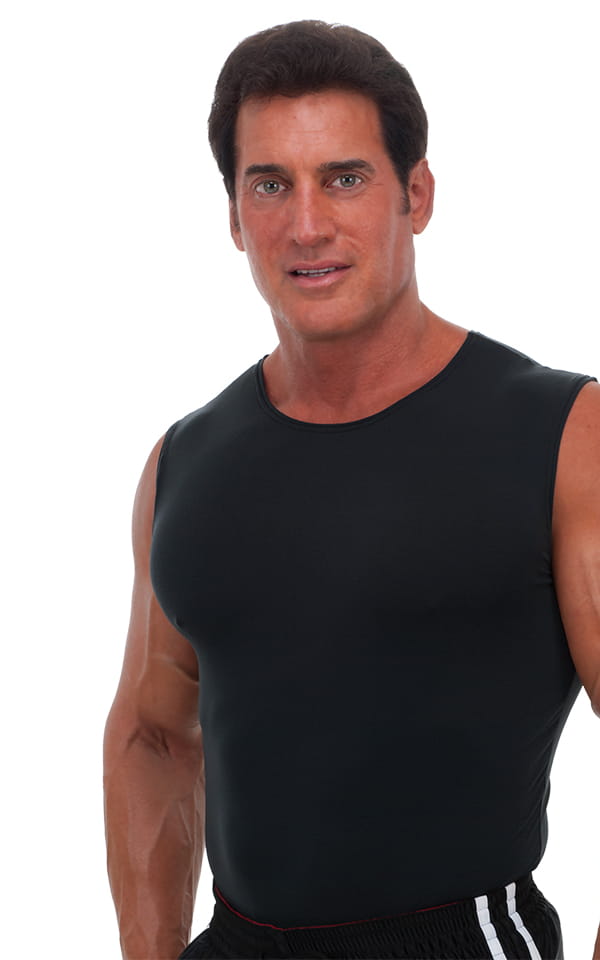 Sleeveless Lycra Muscle Tee in Semi Sheer ThinSKINZ Black, Front View