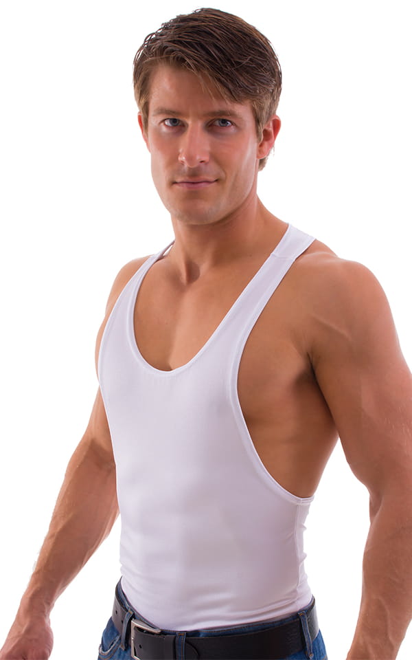 String Tank Gym Tee in Optic White heavyweight nylon-lycra, Front View