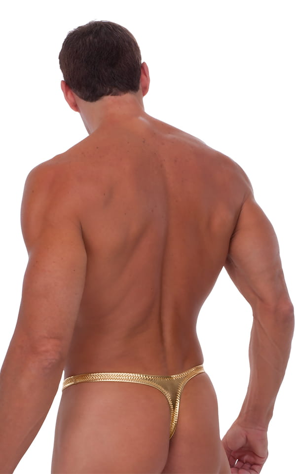 Male Review Stripper Swim Thong in Liquid Gold, Rear View