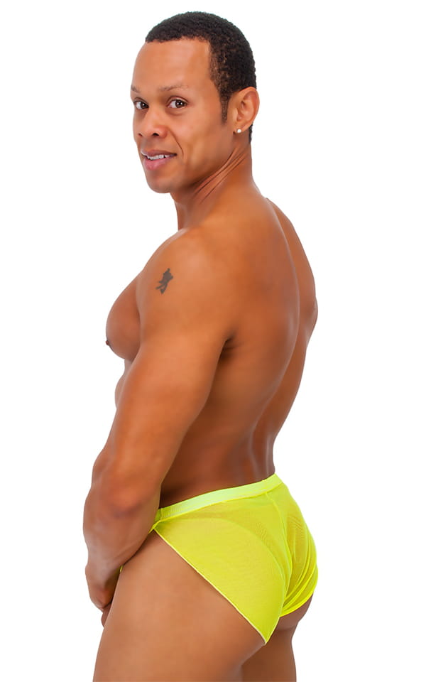 Swimsuit Cover Up Split Running Shorts in Chartreuse Mesh, Rear View