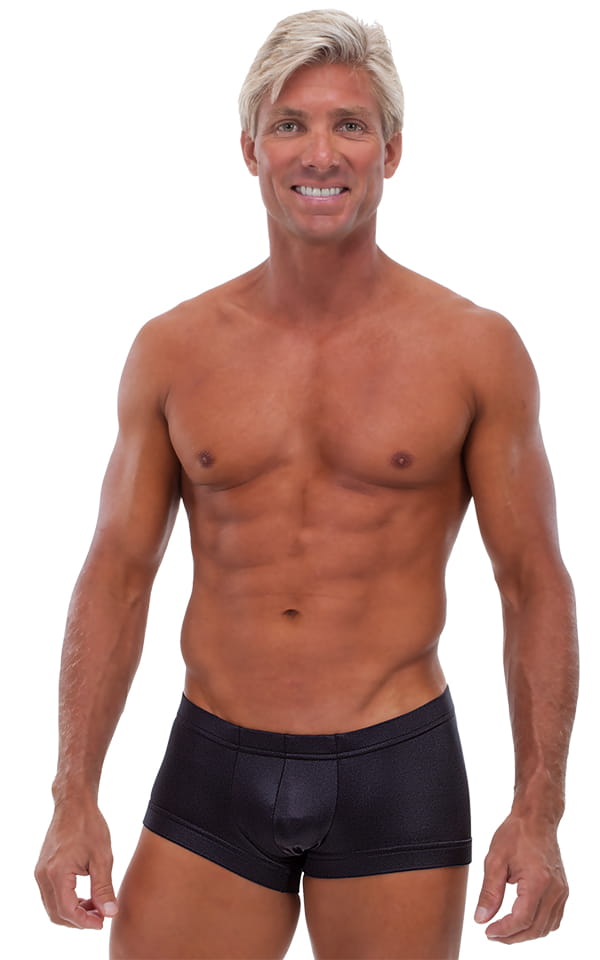 Square Cut - Fitted - Watersports Swim Trunks in Wet Look Black, Front View