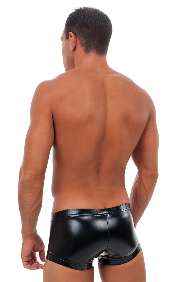 Square Cut - Fitted - Watersports Swim Trunks in Gloss Black Vinyl, Rear View