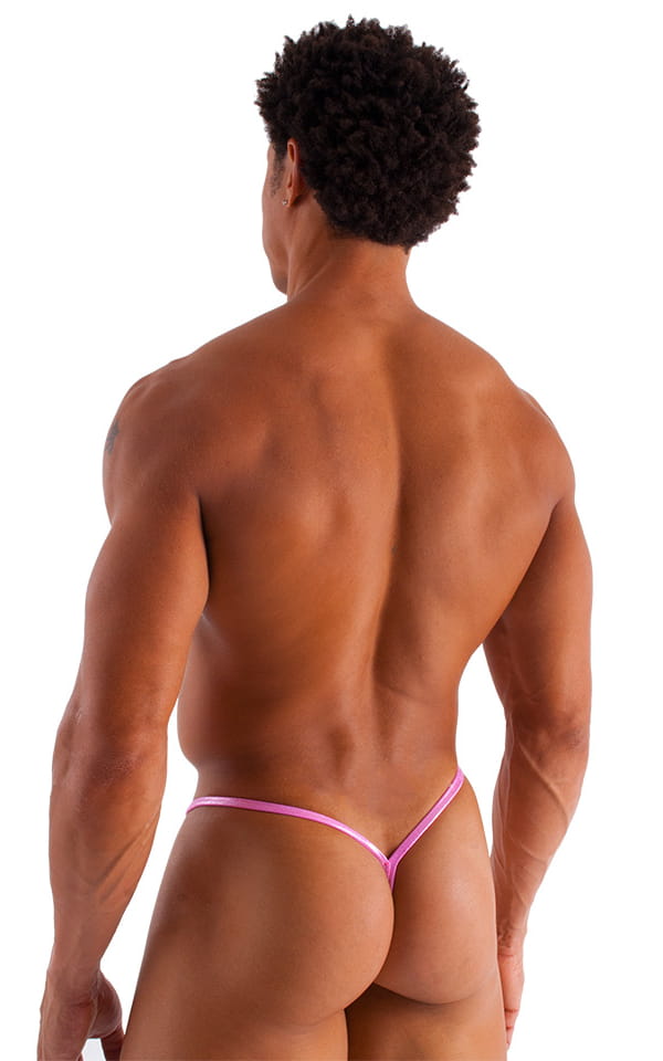 Roman G String Swim Thong in Metallic Mystique Bubblegum Pink, Rear View