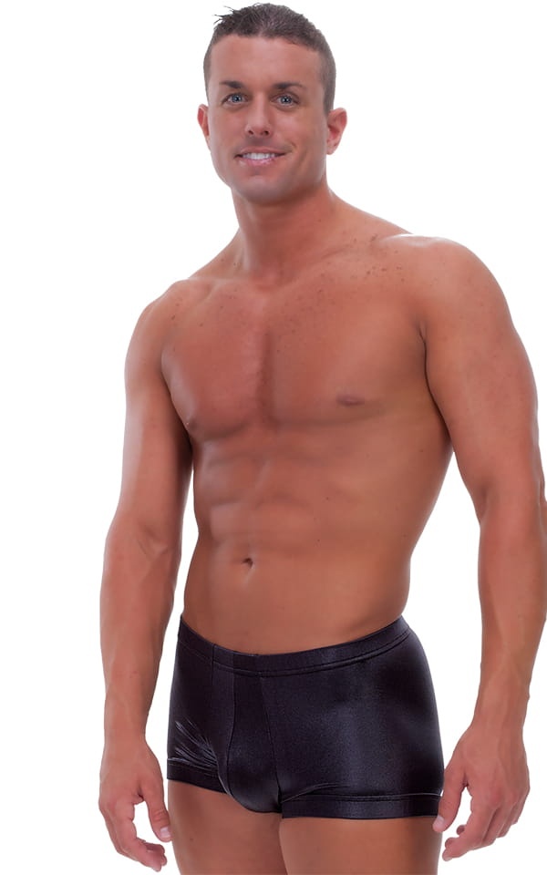 Fitted Pouch Square Cut Watersports Swim Trunks In Wet Look Black