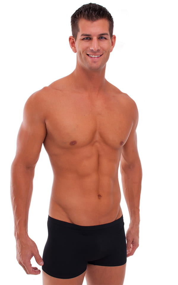 Square Cut Seamless Swim Trunks in Black Powernet, Front View