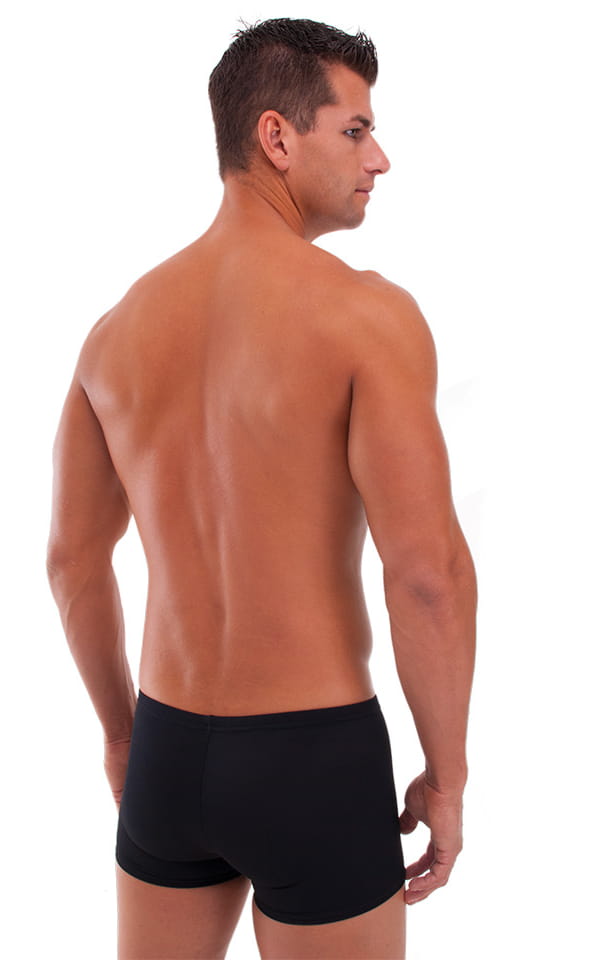Square Cut Seamless Swim Trunks in Black Powernet, Rear View