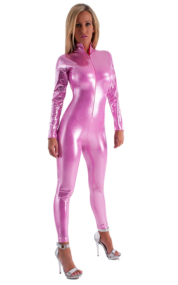 Front Zipper Catsuit Bodysuit In Mystique Bubble Gum Pink Nylon Lycra 