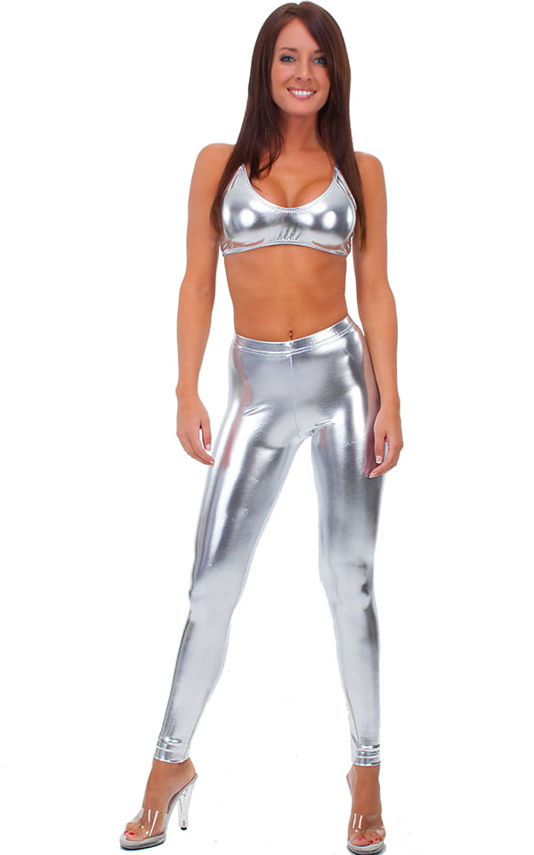 womens designer leggings fashion tights in Liquid Chrome Metallic Lycra