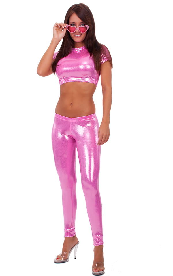 womens low cut designer leggings fashion tights in metallic pink