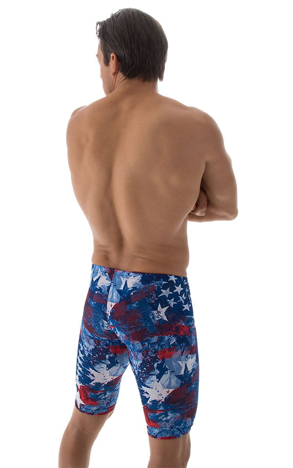 Swim-Dive Competition Watersports Shorts in American Flag Collage, Rear View