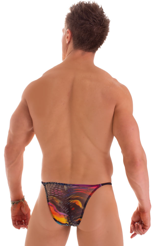 Sunseeker2 Tanning Swimsuit in Semi Sheer Aquarious Print on mesh, Rear View