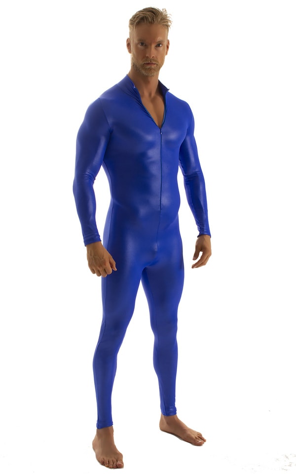 Full Bodysuit Zentai Lycra Spandex Suit for men in Wet Look Royal Blue , Front Alternative