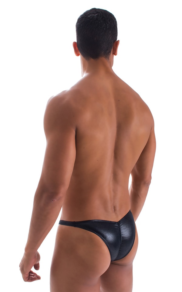 Fitted Pouch Puckered Back Bikini in Wet Look Black, Rear View