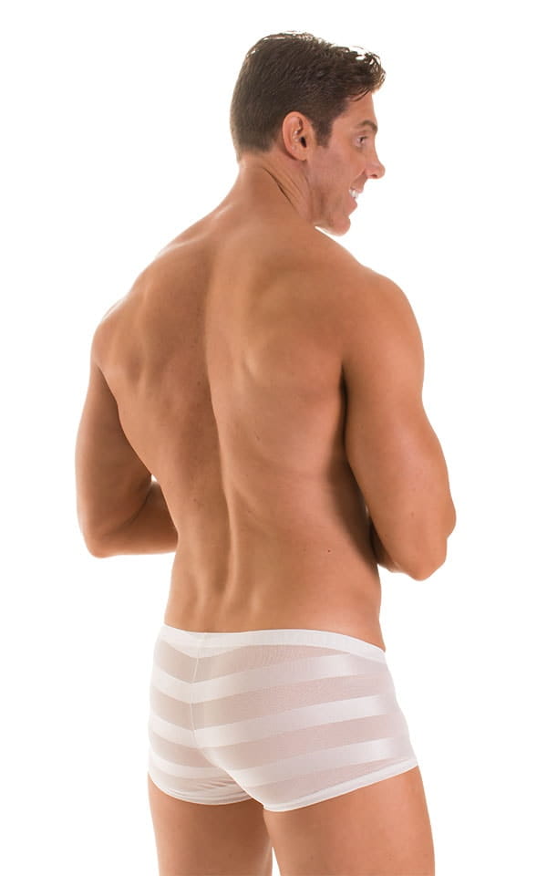 Fitted Pouch - Boxer - Swim Trunks in Super ThinSKINZ White &  White Satin Stripe Mesh, Rear View