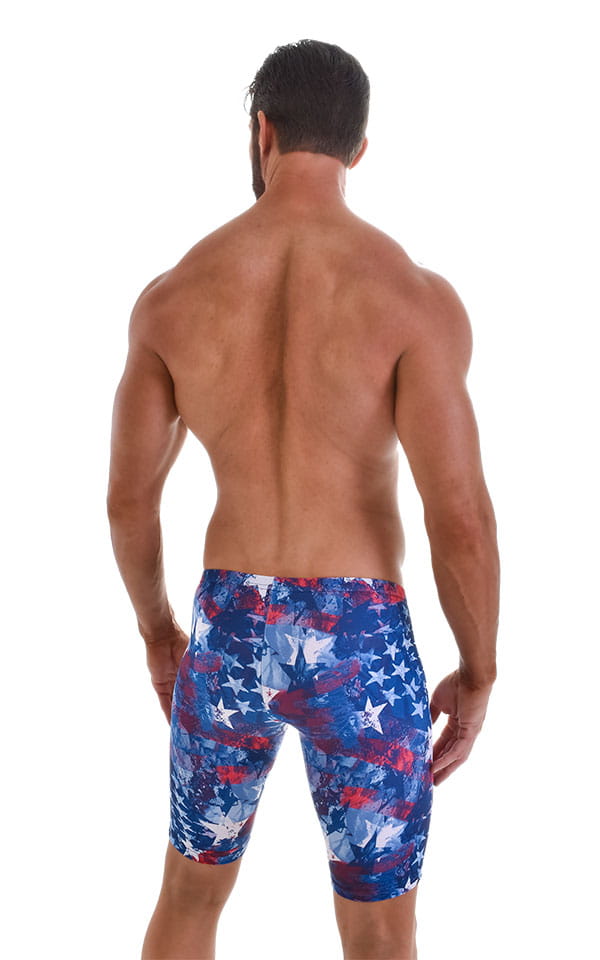 Fitted Pouch Lycra Shorts in American Flag Collage, Rear View