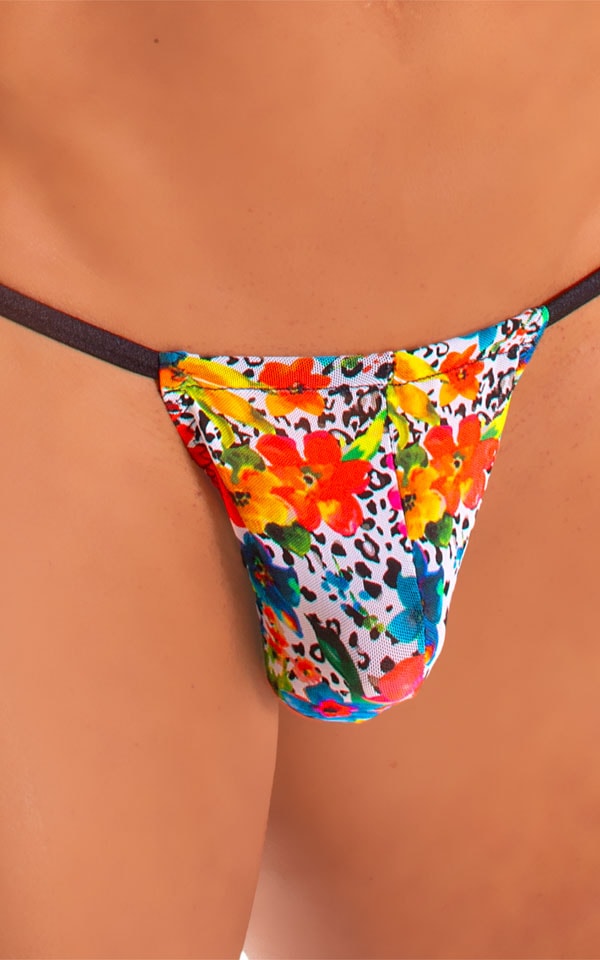 Mens Micro Adjustable G String Swimsuit in Semi Sheer Hibiscus Print on Mesh 5