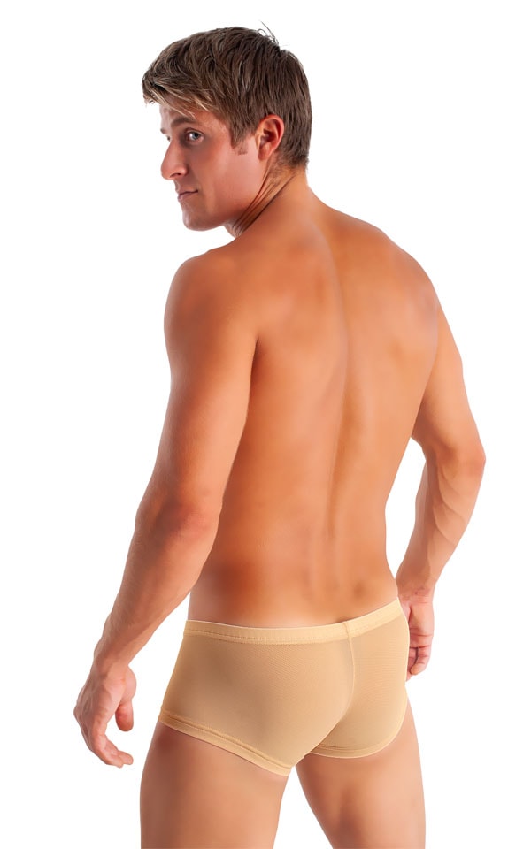 Extreme Low Square Cut Swim Trunks in semi SHEER Nude PowerNet, Rear View
