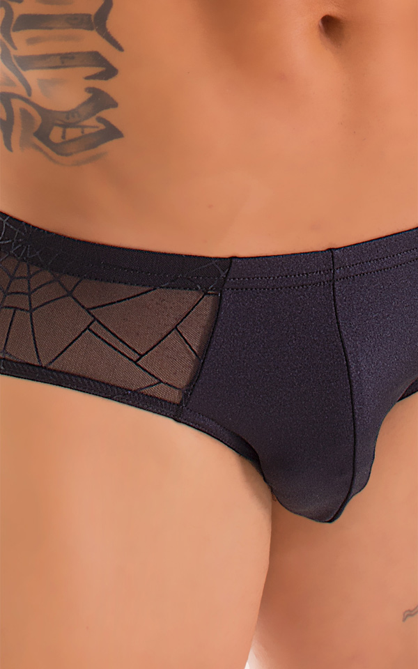 Pouch Brief Swimsuit in Black with Semi Sheer Spiderweb Mesh 7