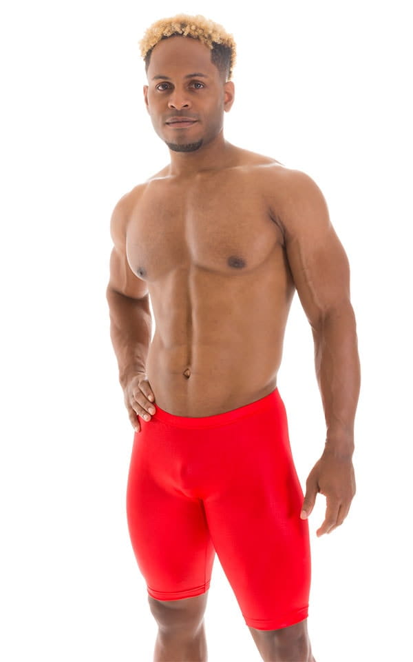 Lycra Bike Length Shorts in Wet Look Red, Front View