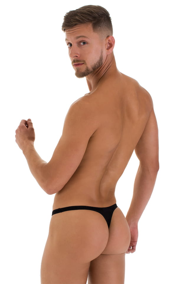 T Back Thong Swimsuit - Bravura Pouch in Super ThinSKINZ Black, Rear View
