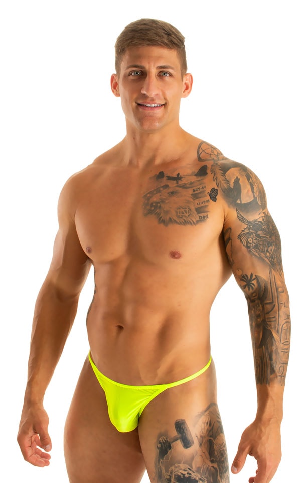 mens tiny string bikini swimsuit by skinz swimwear in sheer Super ThinSKINZ Lemon-Lime