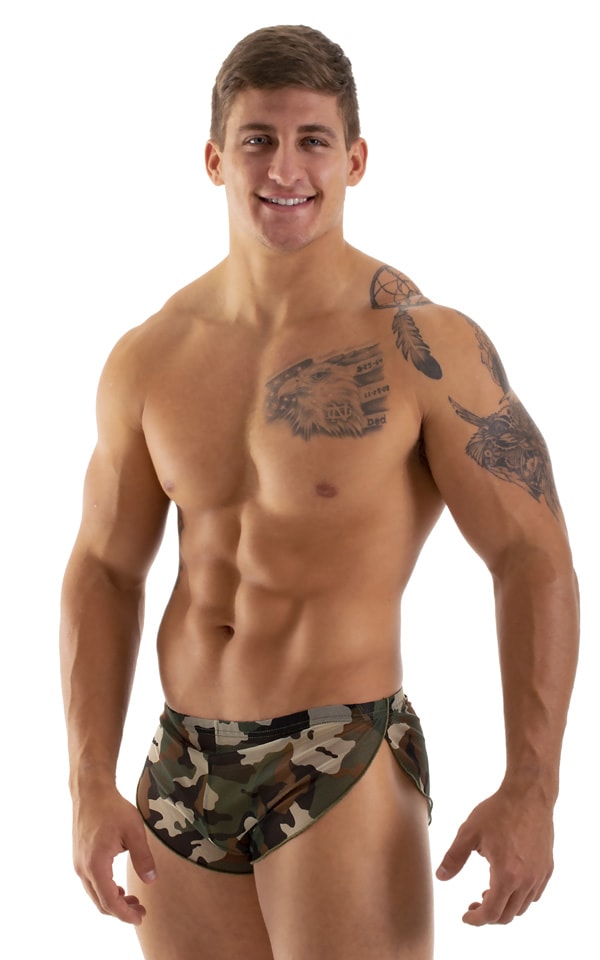 mens sexy swimsuit bikini cover up split shorts in sheer Mesh Camouflage