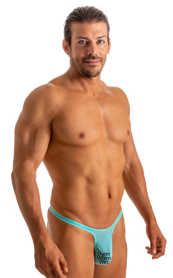 most popular mens swimwear classic t back thong swimsuit in sheer Sky blue