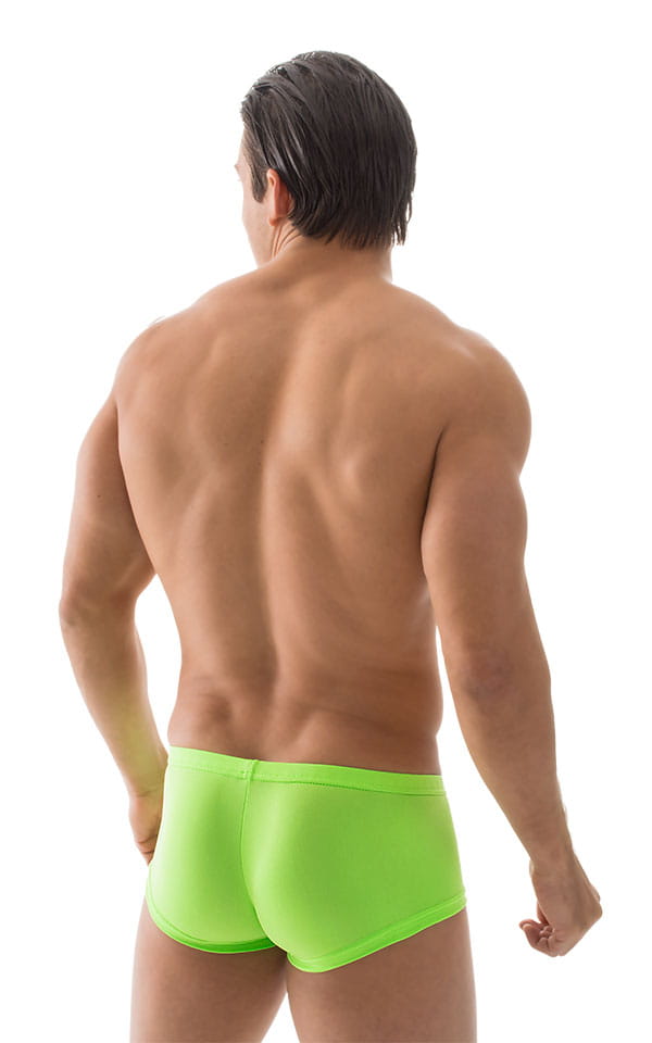 Extreme Low Square Cut Swim Trunks in ThinSKINZ Neon Lime, Rear View