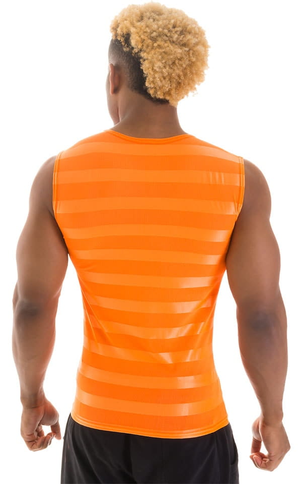 Sleeveless Lycra Muscle Tee in Orange Satin Stripe Mesh, Rear View