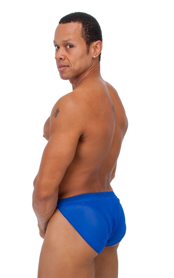 Swimsuit Cover Up Split Running Shorts in Royal Blue Stretch Mesh, Rear View