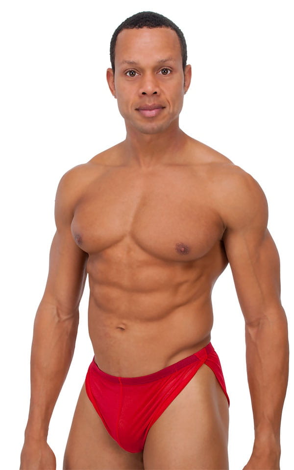 Swimsuit Cover Up Split Running Shorts in Red Stretch Mesh, Front View