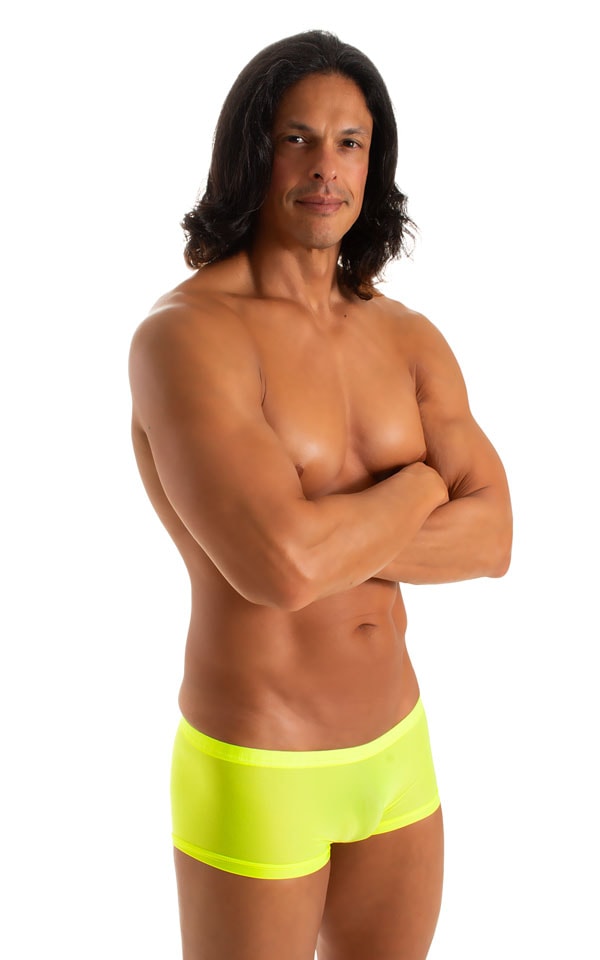mens swimwear extreme low square cut swimsuit boxer trunks by skinz swimwear in Semi Sheer Super ThinSKINZ Lemon-Lime