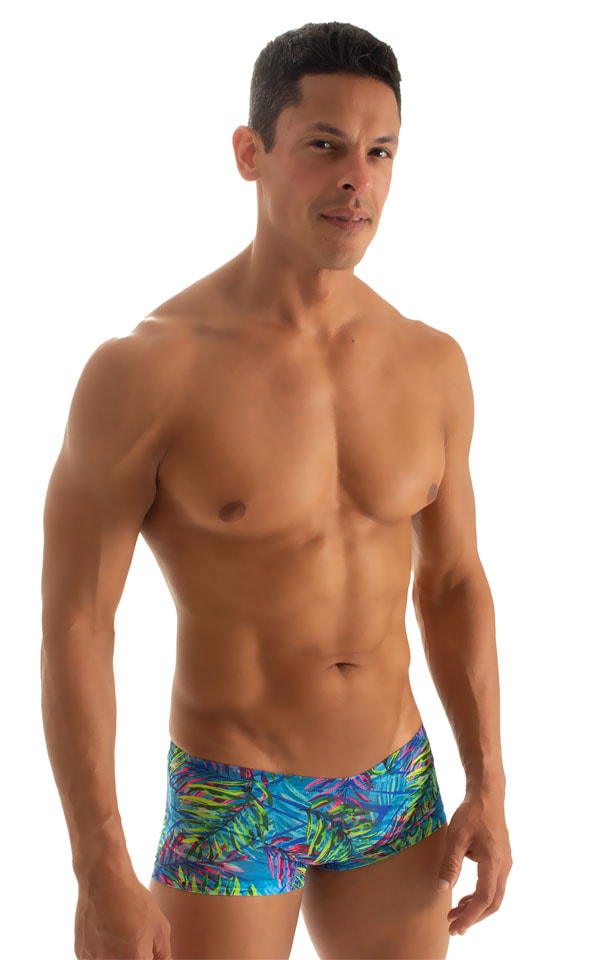 Extreme Low Square Cut Swim Trunks in Tan Through Neon Ferns, Front Alternative