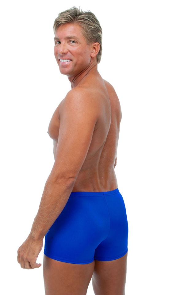 Square Cut Seamless Swim Trunks in Wet Look Royal Blue, Rear View