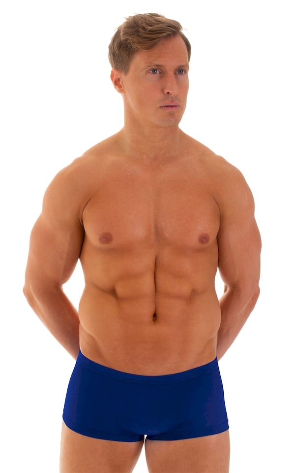 mens swimwear square cut boxer style swimsuit in Semi Sheer ThinSKINZ Royal Blue