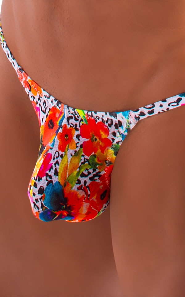 Stuffit Pouch G String Swimsuit in Semi Sheer Hibiscus Print on Mesh 9