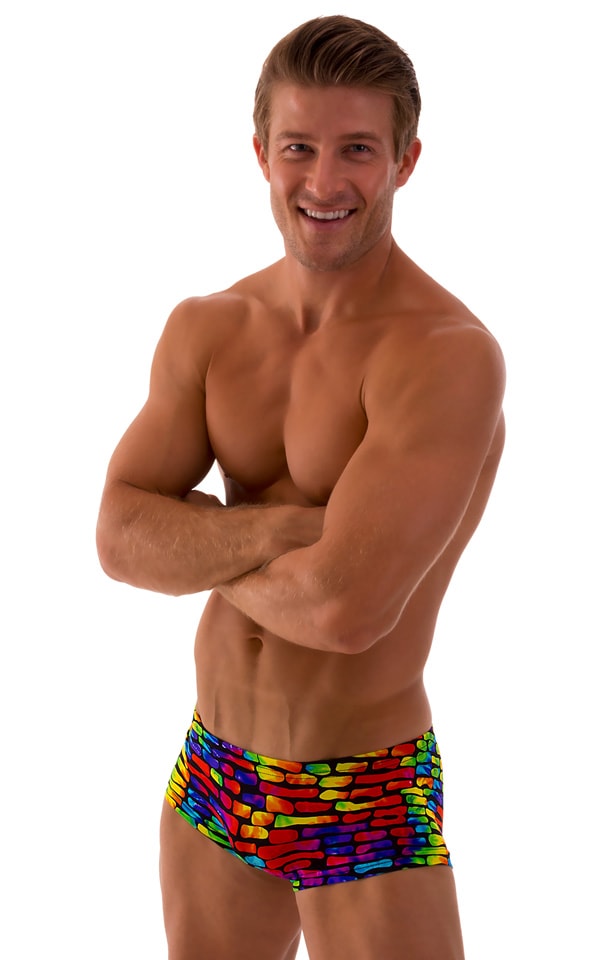 2022 best seller mens swimwear extreme low tan through boxer swimsuit in technicolor print