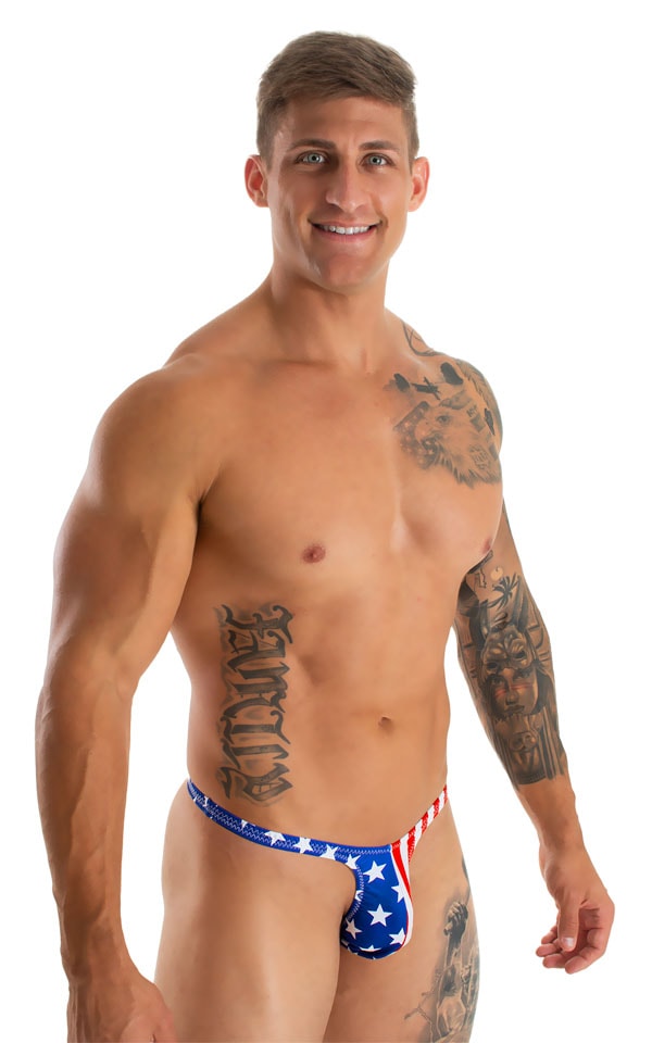 Mens Thong Swimsuit - Bravura Pouch in Stars on Royal and Stripes 8