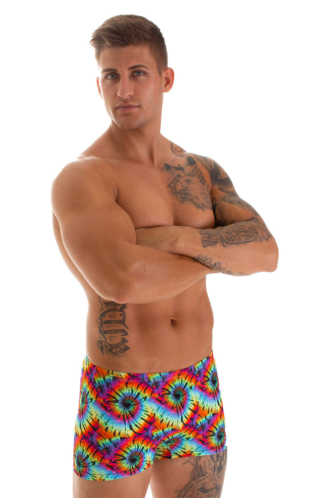 Square Cut Seamless Swim Trunks in Classic Tie Dye, Front View