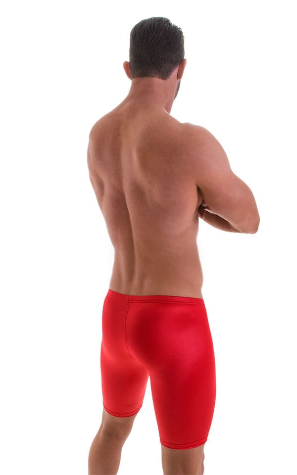 Fitted Pouch Lycra Shorts in Wet Look Lipstick Red, Rear View