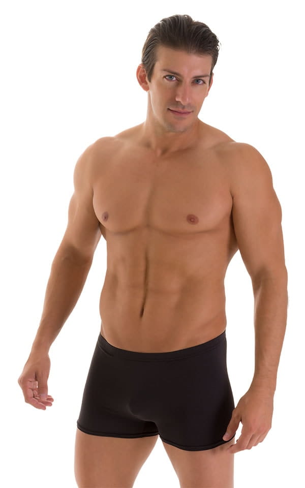 Square Cut Seamless Swim Trunks in Super ThinSKINZ Black, Front View