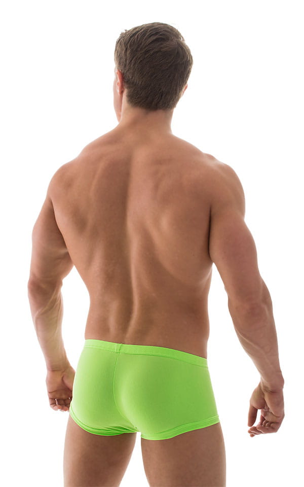Extreme Low Square Cut Swim Trunks in ThinSKINZ Neon Lime, Rear View