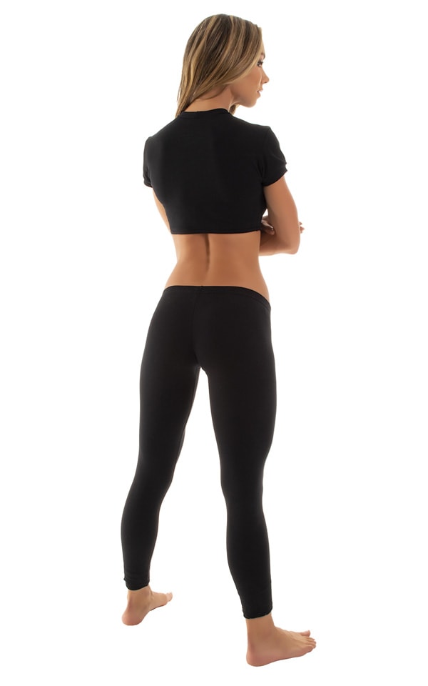 Womens Super Low Rise Fitness Leggings in Black Cotton Lycra, Rear View