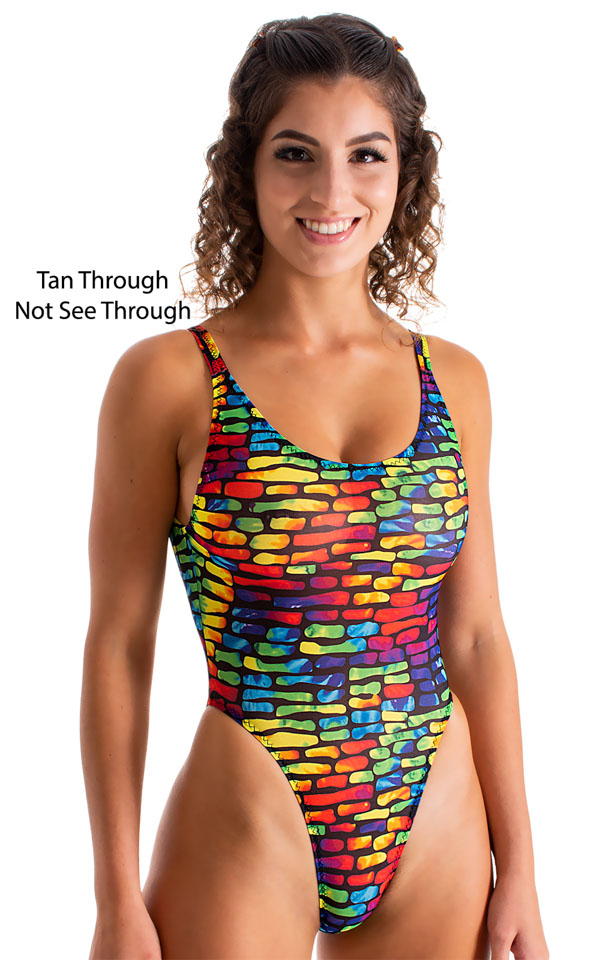 baywatch womens one piece swimsuit high cut skinz swimwear in Tan Through Technicolor