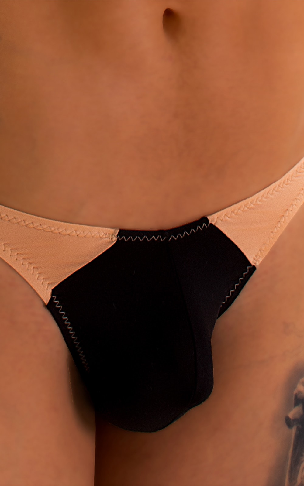 Color Blocked T Back Thong Swimsuit in Super ThinSkinz Black and Nude, Front Alternative