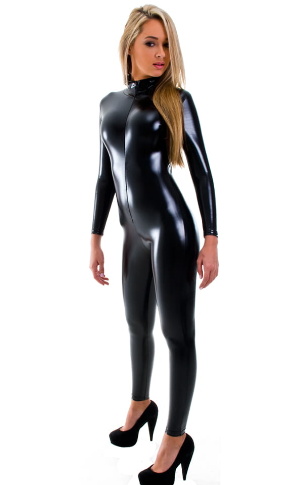 Front Zipper Catsuit-Bodysuit for Women in Gloss Black Superstretch Vinyl-Lycra, Front View