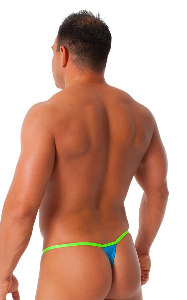 Banded Thong Bathing Suit in Metallic Ocean Blue - LIme Band, Rear View
